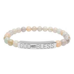 god bless engraved stone bar bracelet | natural bead stretch bracelet